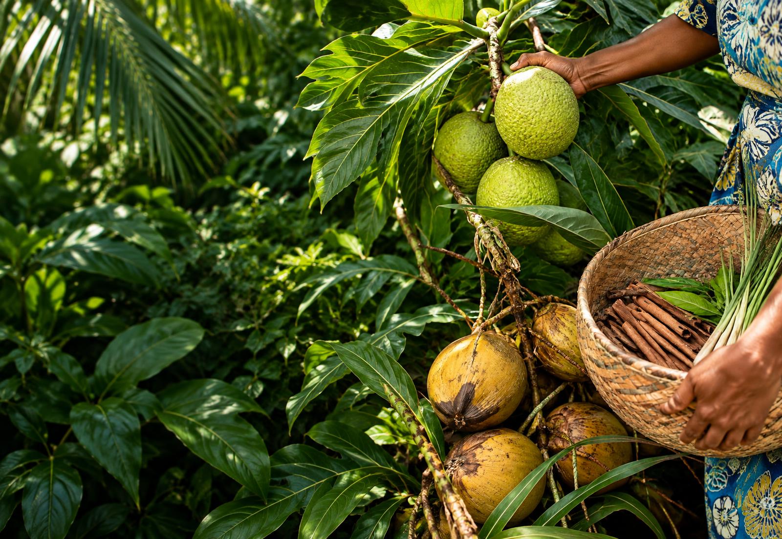 Gathering breadfruit beside a woven basket of cinnamon and lemongrass among tropical leaves and coconuts